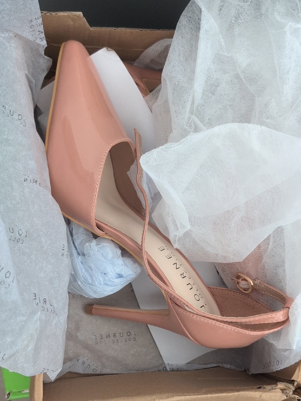 Pointed Toe Ankle Strap Heels in Blush Patent